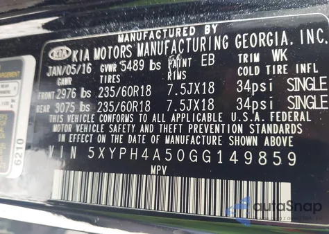 2016 Kia Sorento 3.3L Ex из США, поврежденный, VIN 5XYPH4A50GG149859